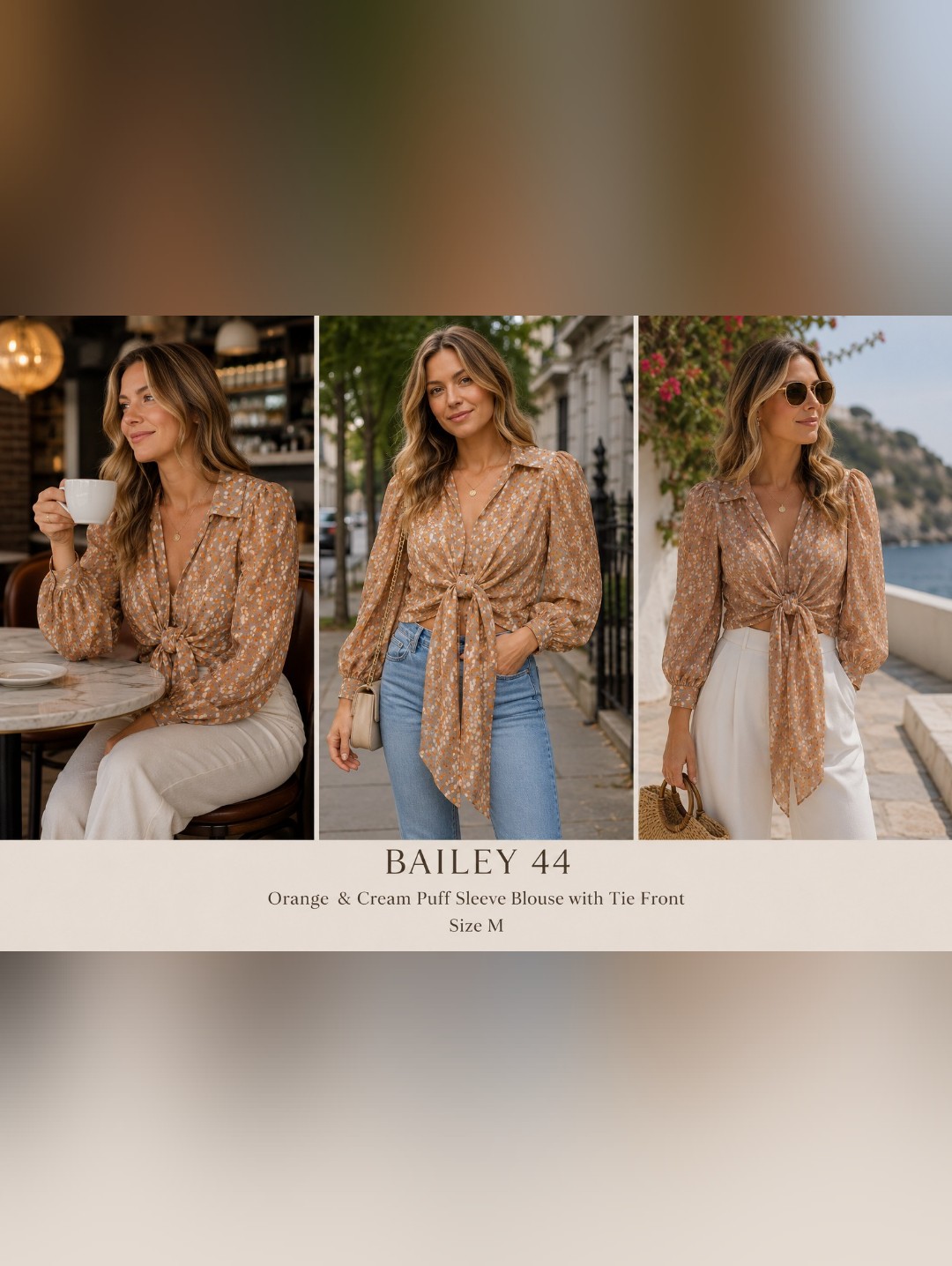 Bailey 44 Orange And Cream Puff Sleeve Blouse With A Tie Front Size M